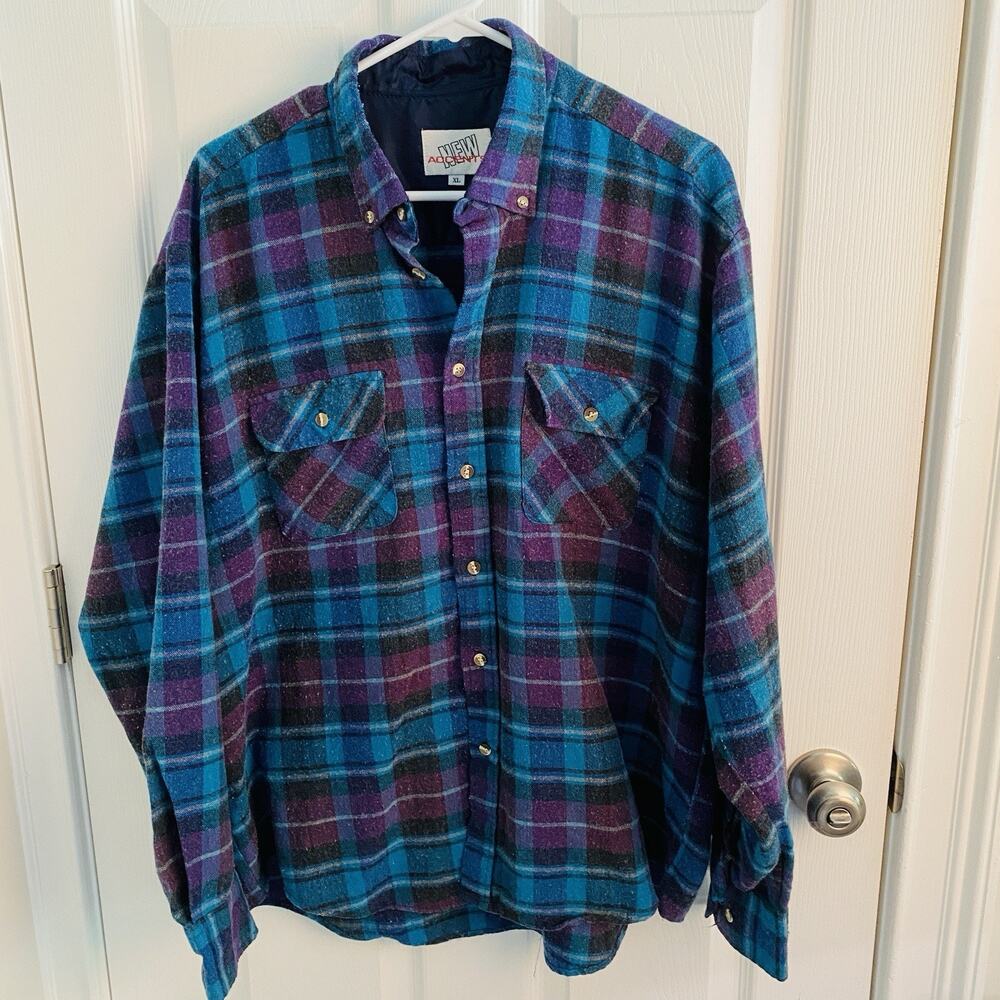 Vintage Flannel Shirt Shabby Chic Grunge 80s Button Up Plaid Bold Colors Pockets